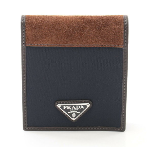 Prada TESSUTO CAMOS Bifold Wallet Nylon Suede Leather Navy Blue Brown - Picture 1 of 6
